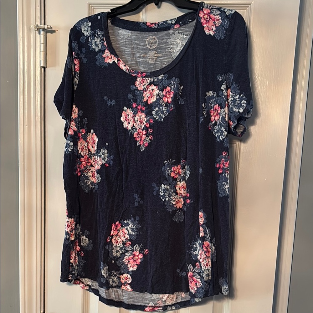 Maurices 24/7 Floral Bouquets on Navy top with cutout shoulders